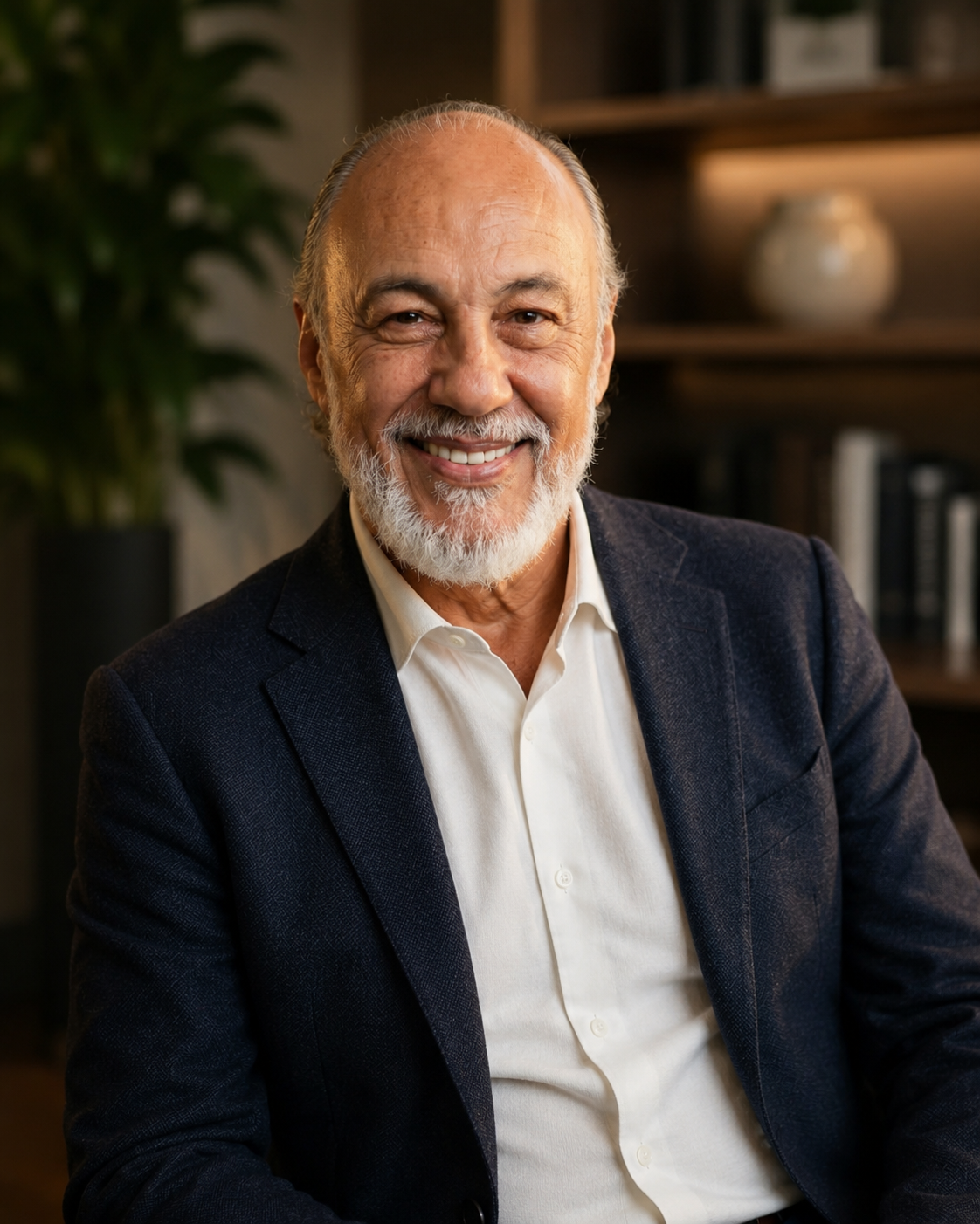 Fernando Caesar sorrindo, usando blazer azul-marinho e camisa branca, em um ambiente acolhedor